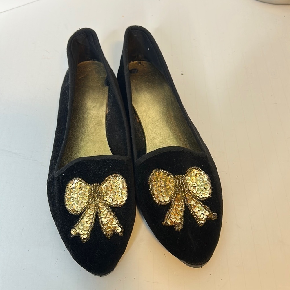 Vintage Gold Bow Slip On Shoes 7